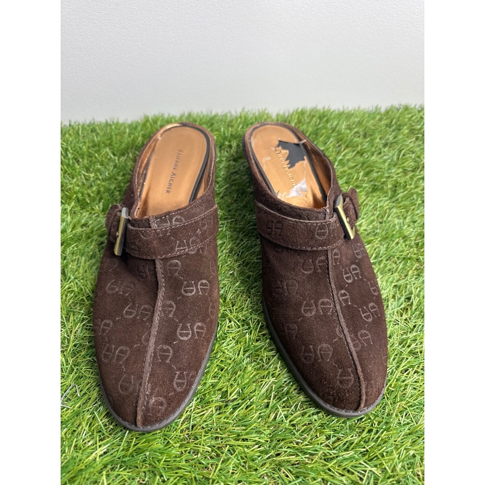 Etienne Aigner Brown Suede Monogram Wedge Mules Buckle Clogs Womens Size 9M